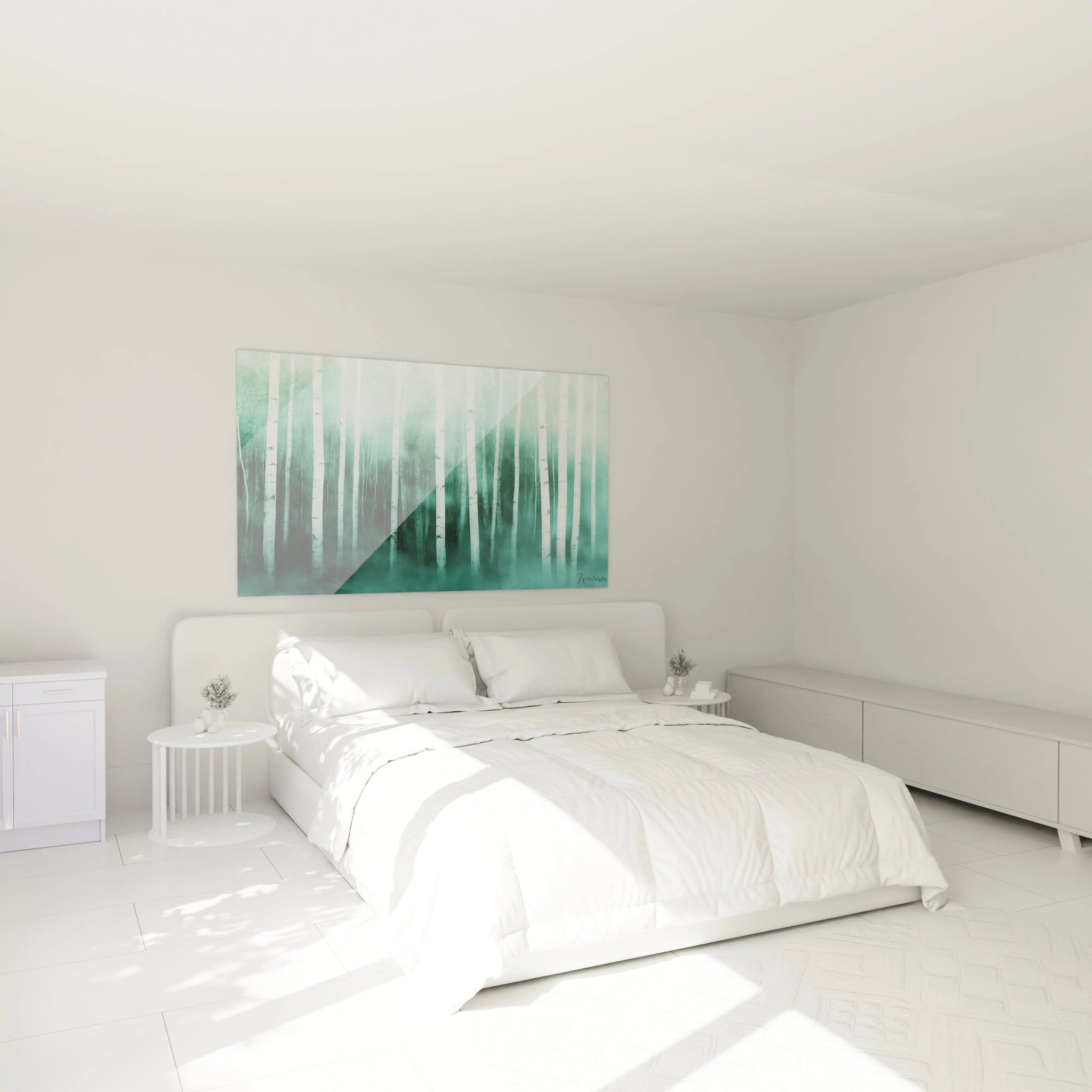 Tableau forêt Walensky en vert et blanc suspendu au-dessus d'un lit dans une chambre moderne et lumineuse