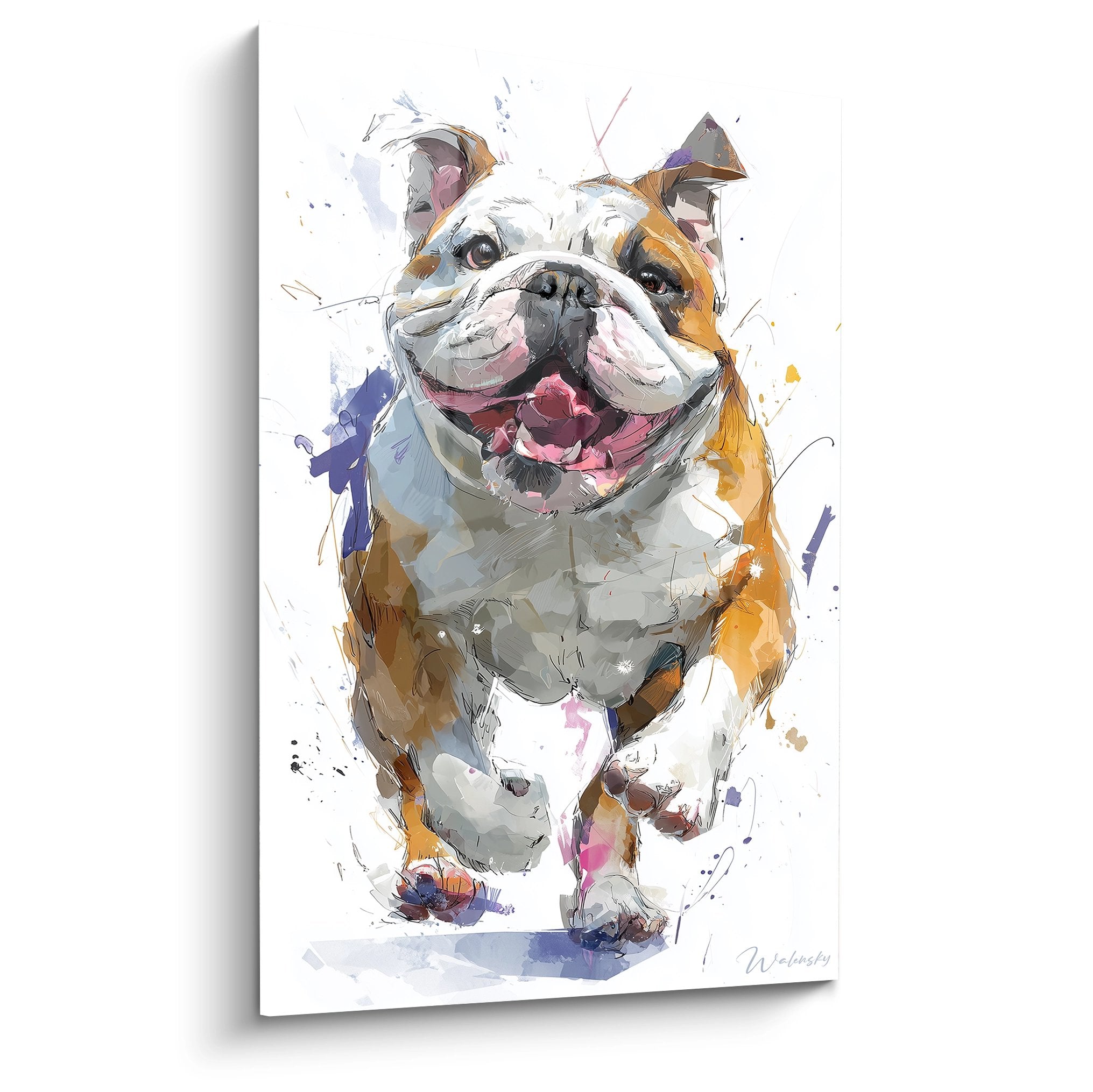 Tableau aquarelle bouledogue anglais souriant avec éclaboussures colorées oranges et bleues sur fond blanc