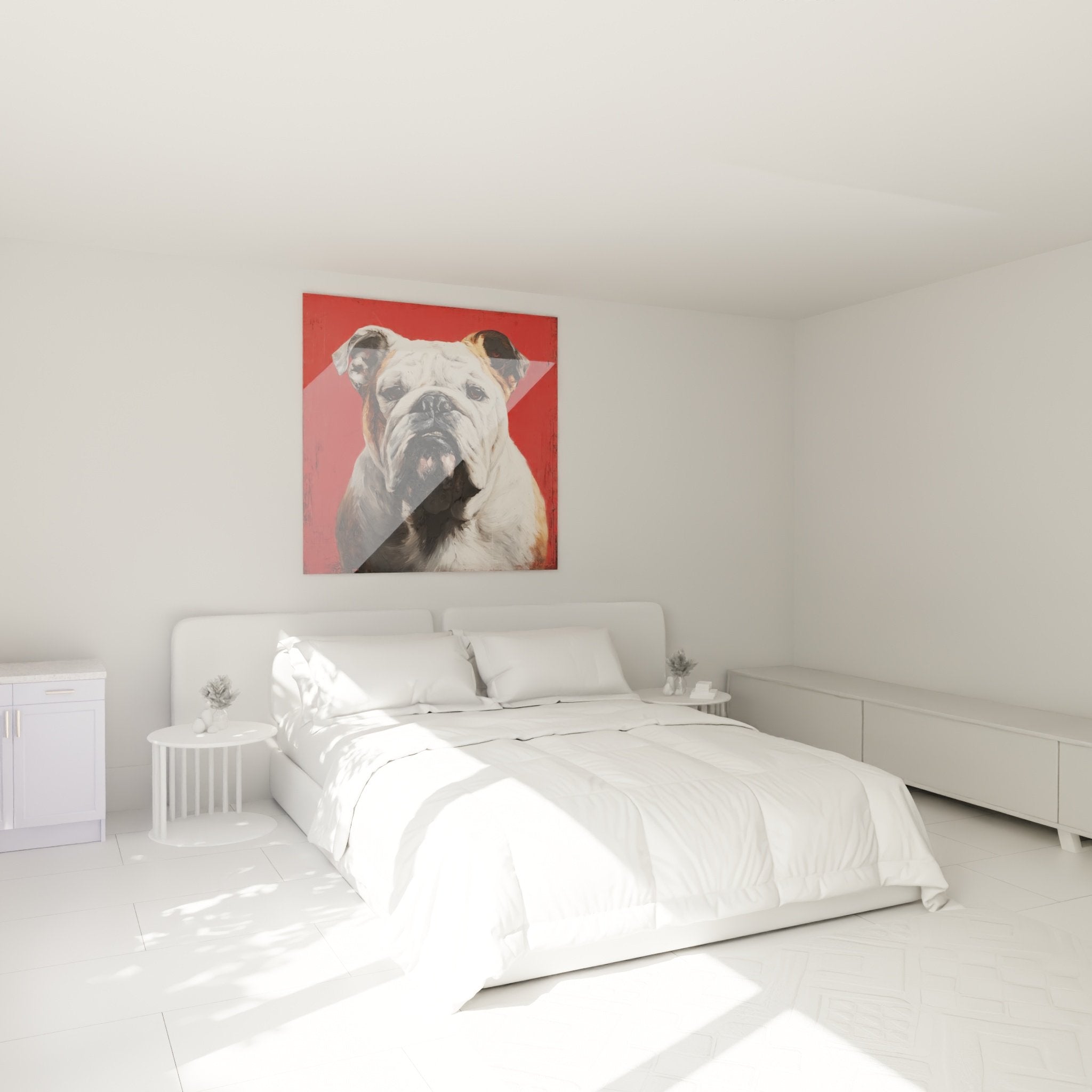 Tableau Bouledogue Anglais rouge dans chambre moderne, portrait canin élégant au-dessus du lit, décoration murale