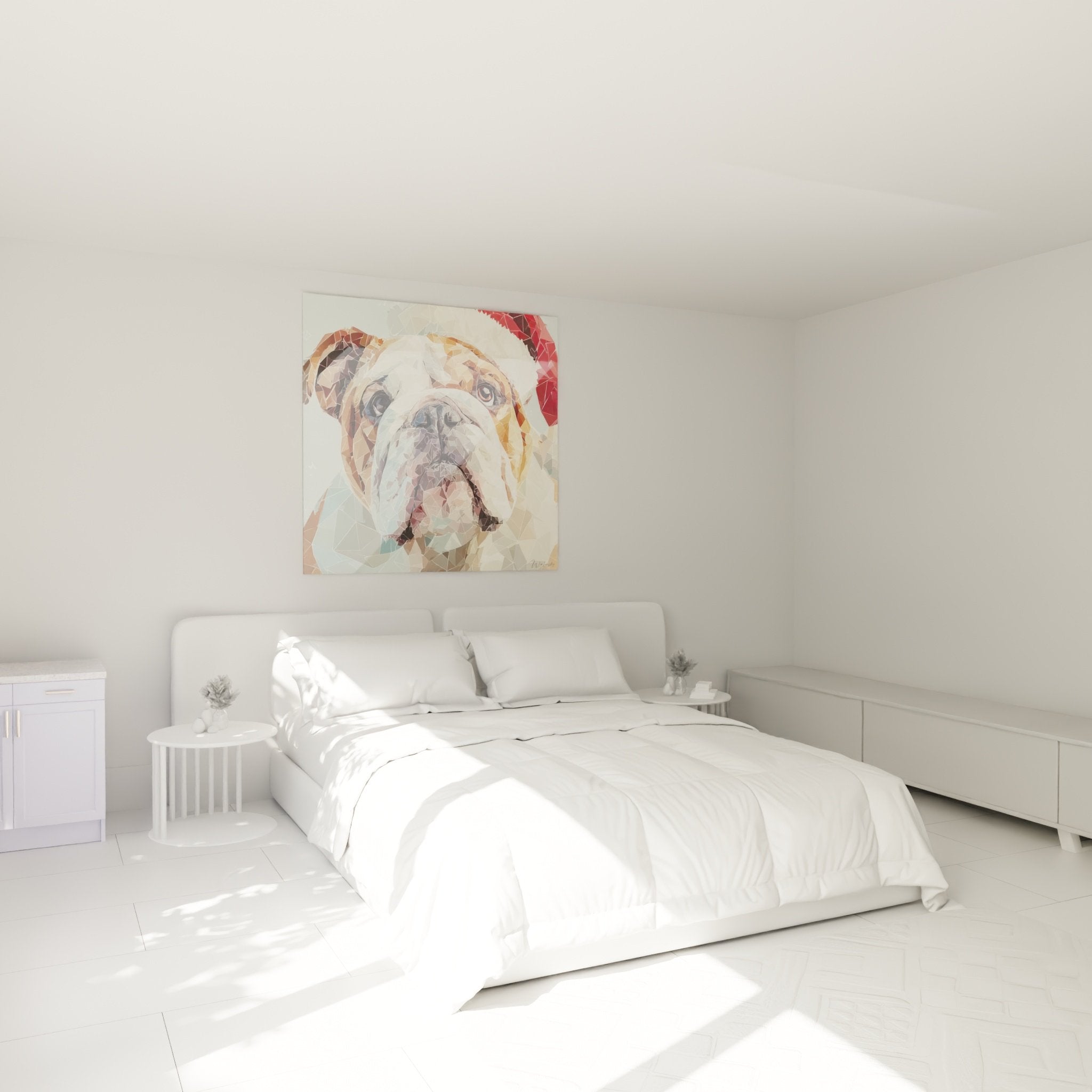 Tableau portrait canin geometrique dans chambre moderne decoration murale bouledogue anglais
