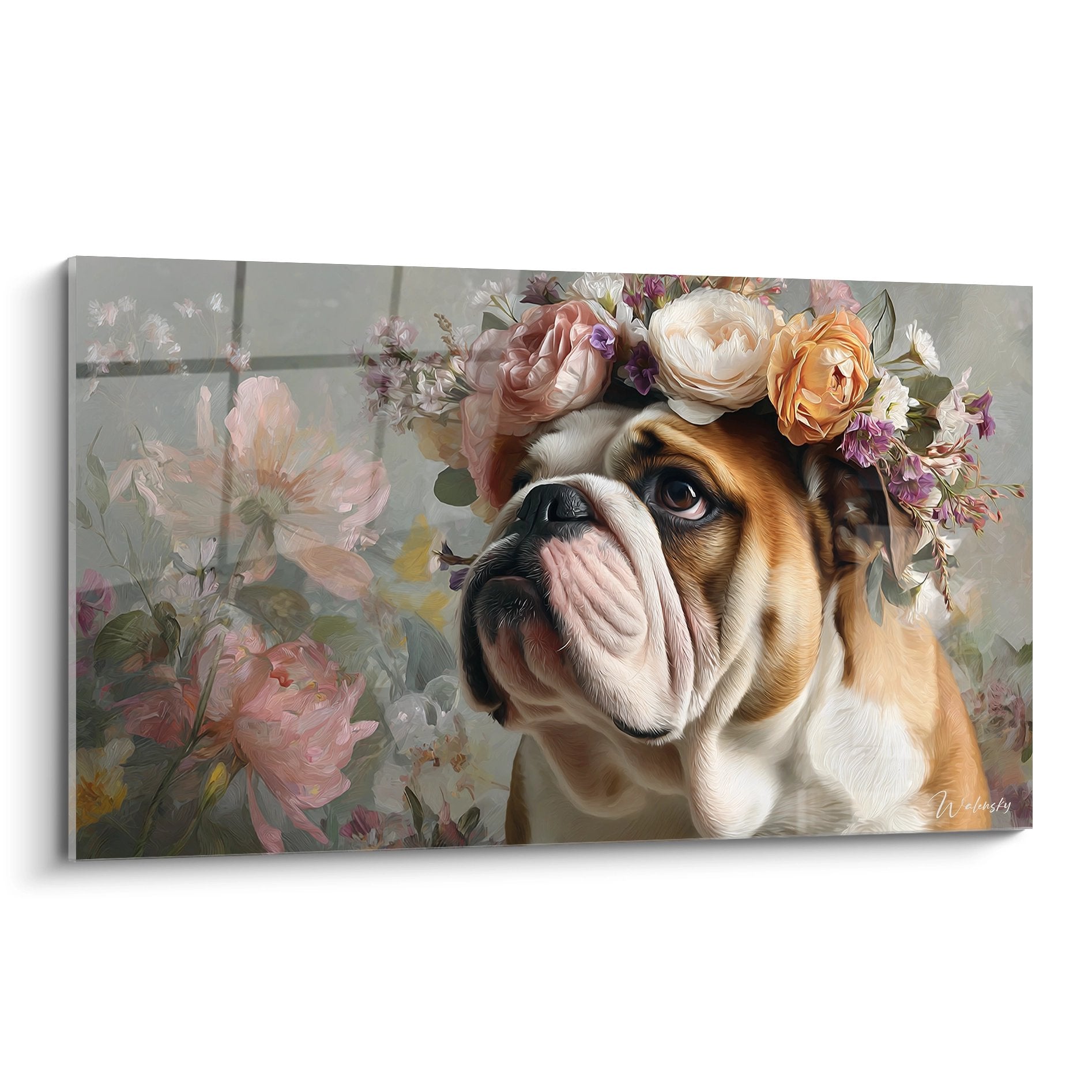 Tableau bouledogue anglais couronne fleurs roses pivoines renoncules dorées portrait artistique romantique
