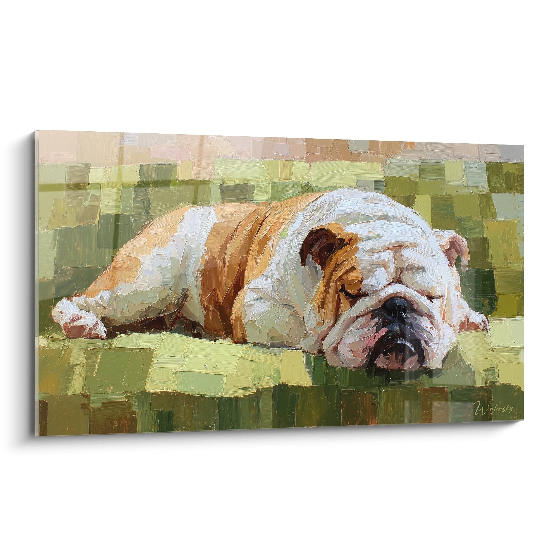 Peinture bouledogue anglais endormi sur fond mosaique verte, art animalier contemporain aux tons apaisants