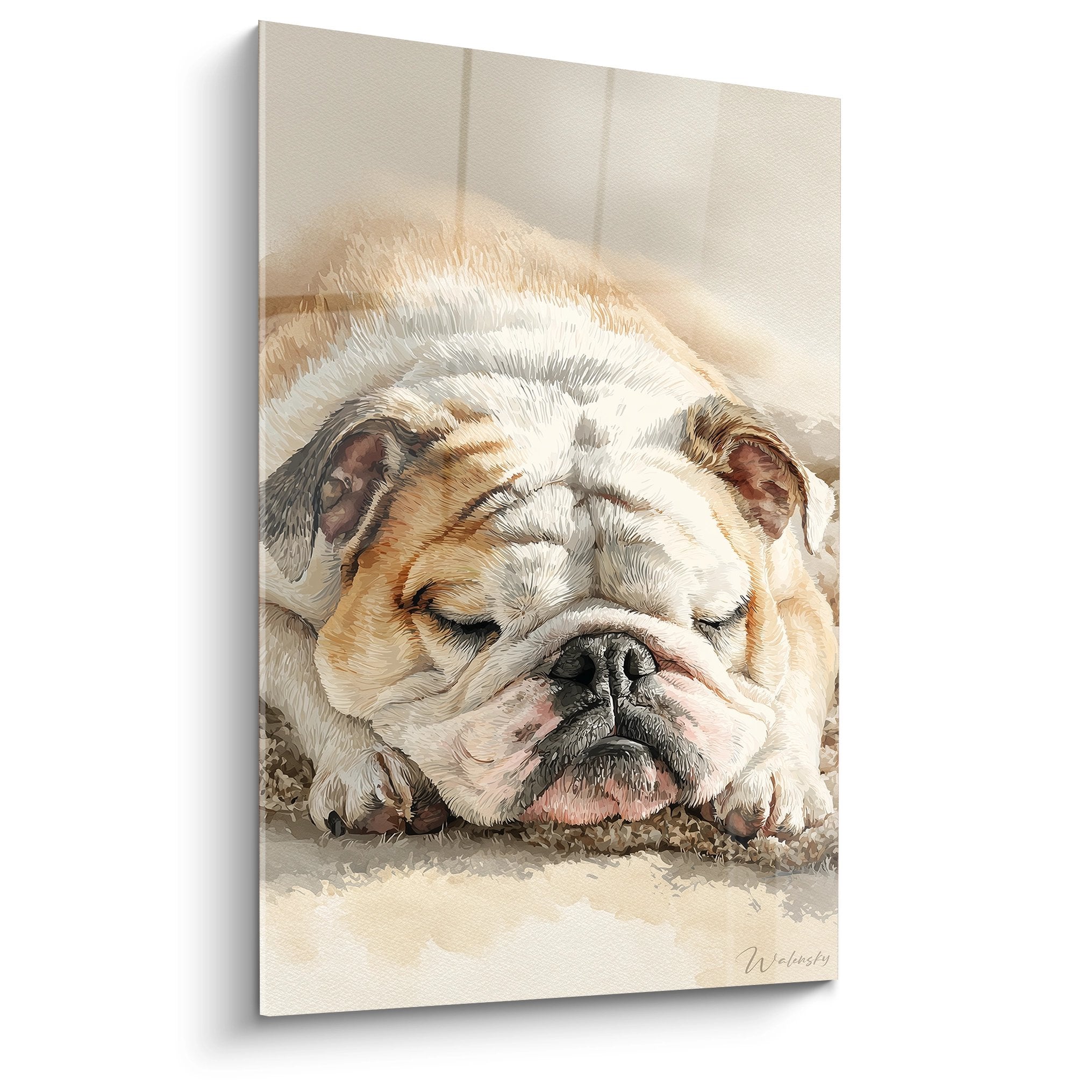 Tableau Bouledogue Anglais endormi tons crème beige décoration murale apaisante
