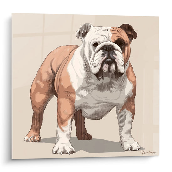 Illustrazione Bulldog Inglese in postura maestosa, toni beige e bianchi su fondo neutro, stile incisione moderna