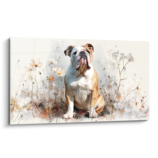 Tableau bouledogue anglais assis dans prairie fleurie tons beiges dorés art mural decoration chien