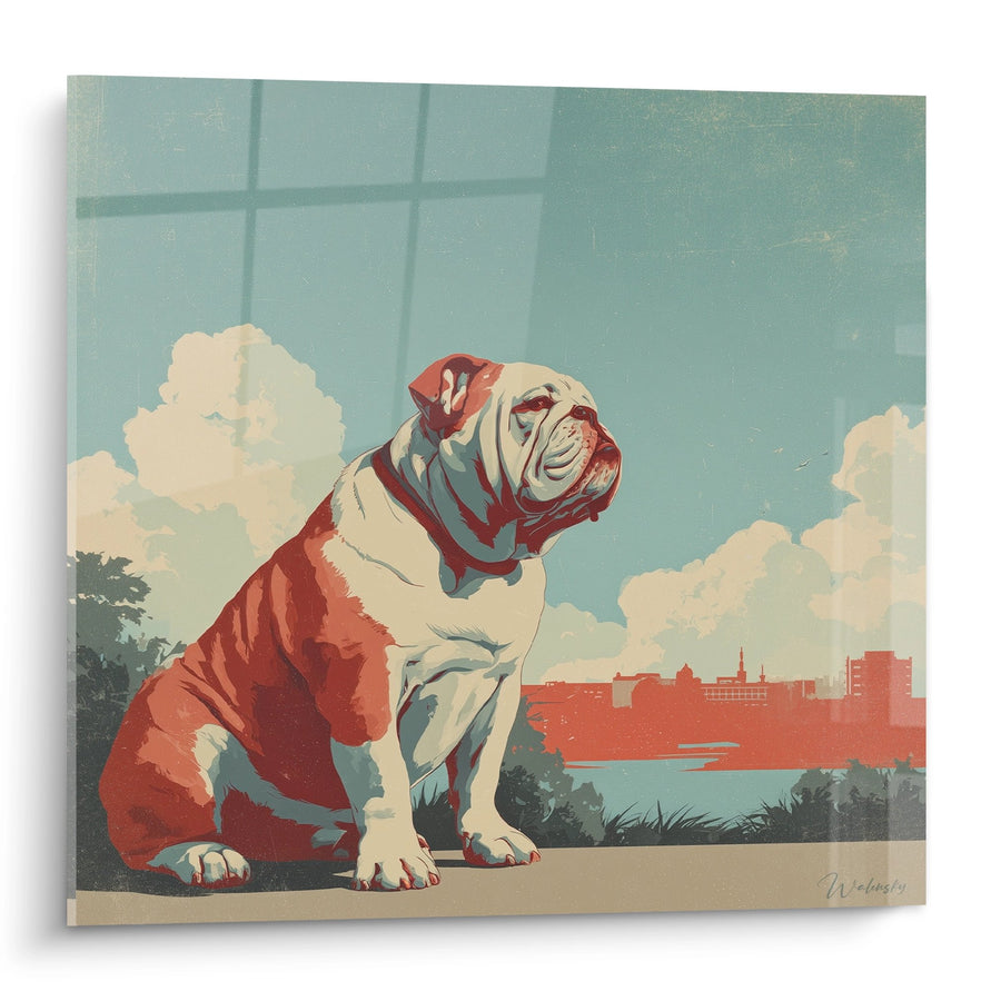 Schilderij Engelse Buldog Rood en Wit Stadszicht - Majestieke Wachter - Editie Engelse Buldog