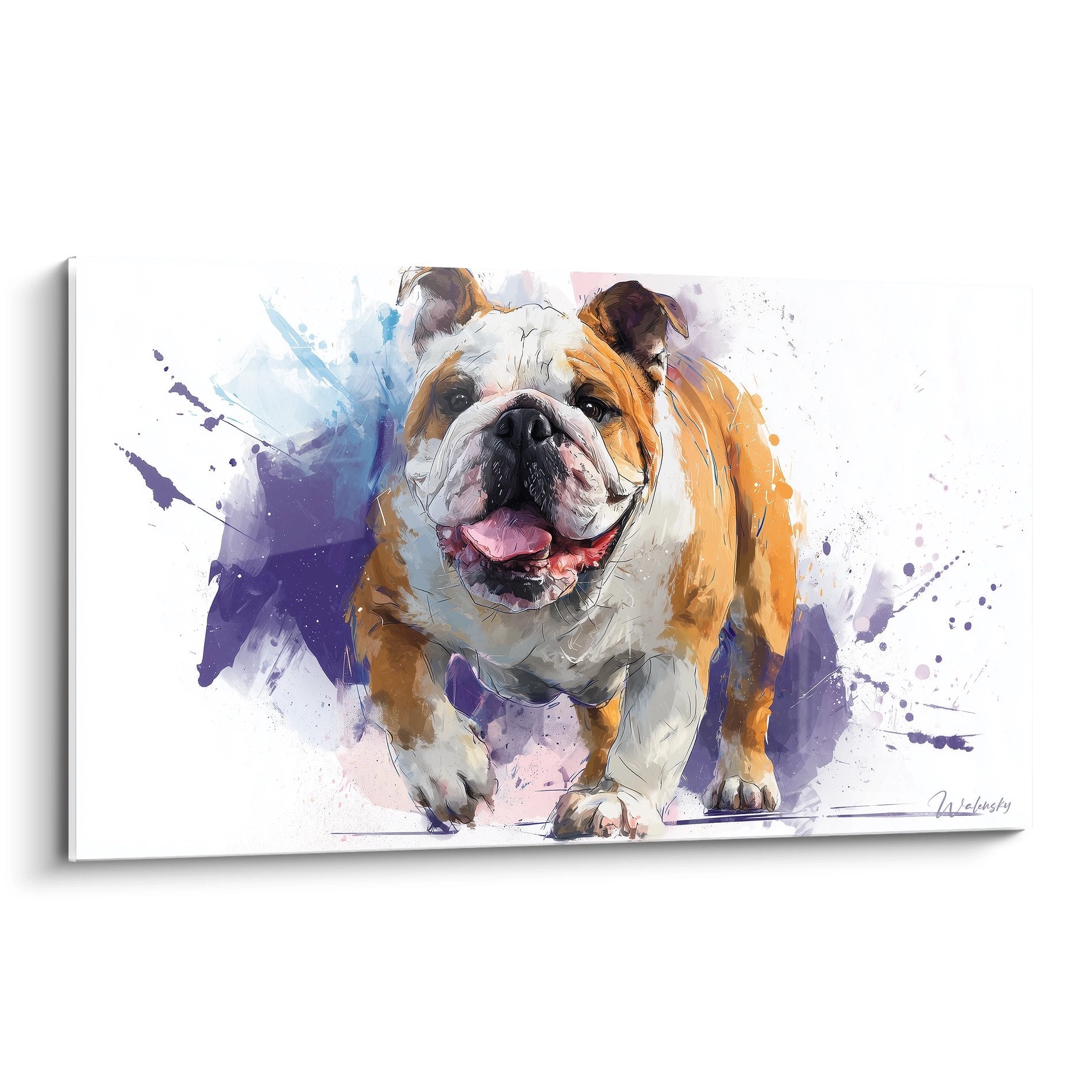Tableau aquarelle bouledogue anglais souriant eclaboussures violettes et orange style contemporain moderne