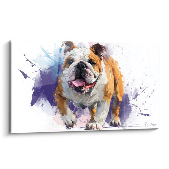 Aquarellbild englische Bulldogge lächelnd lila und orange Spritzer zeitgenössischer moderner Stil