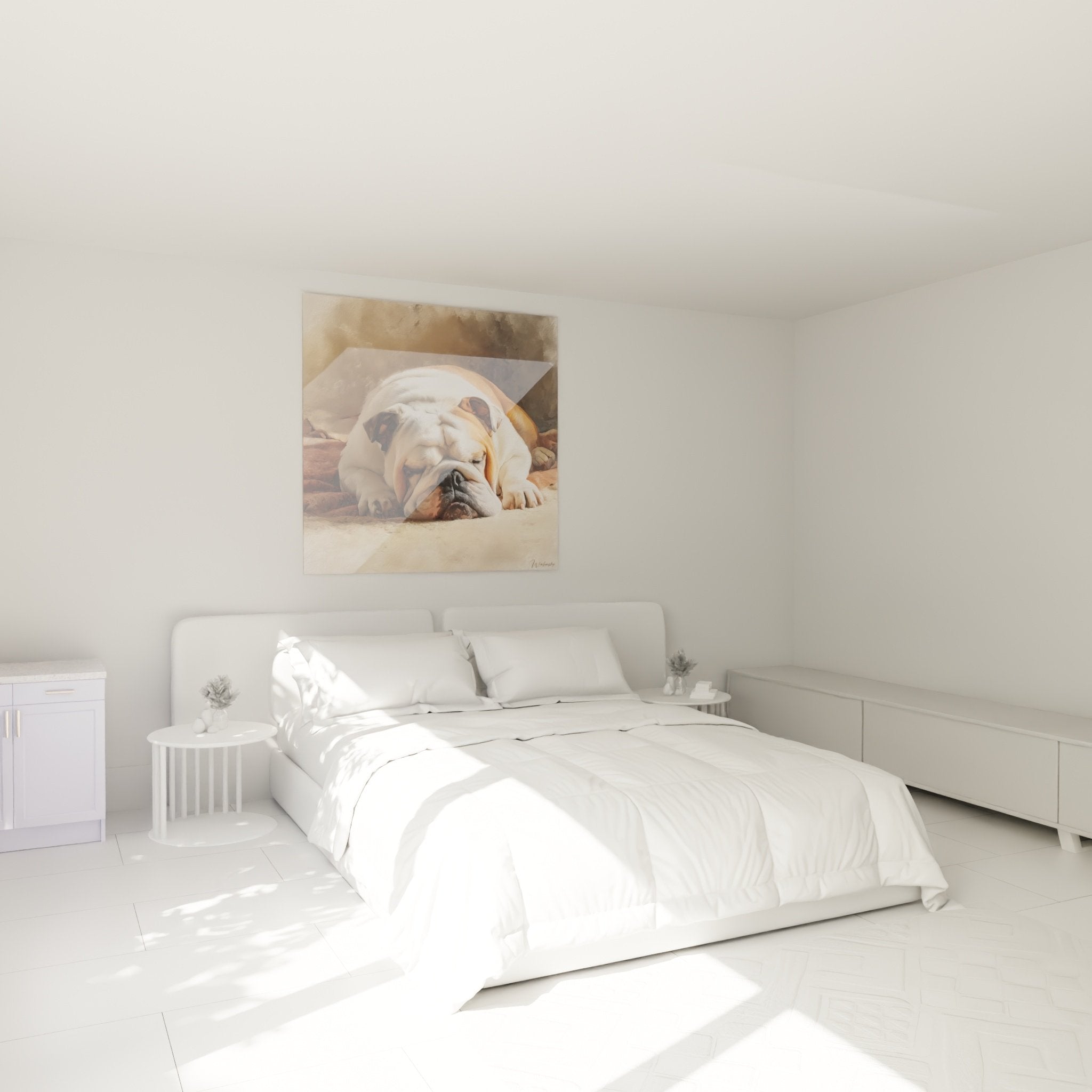 Tableau chien bouledogue endormi beige dans chambre moderne aux murs clairs