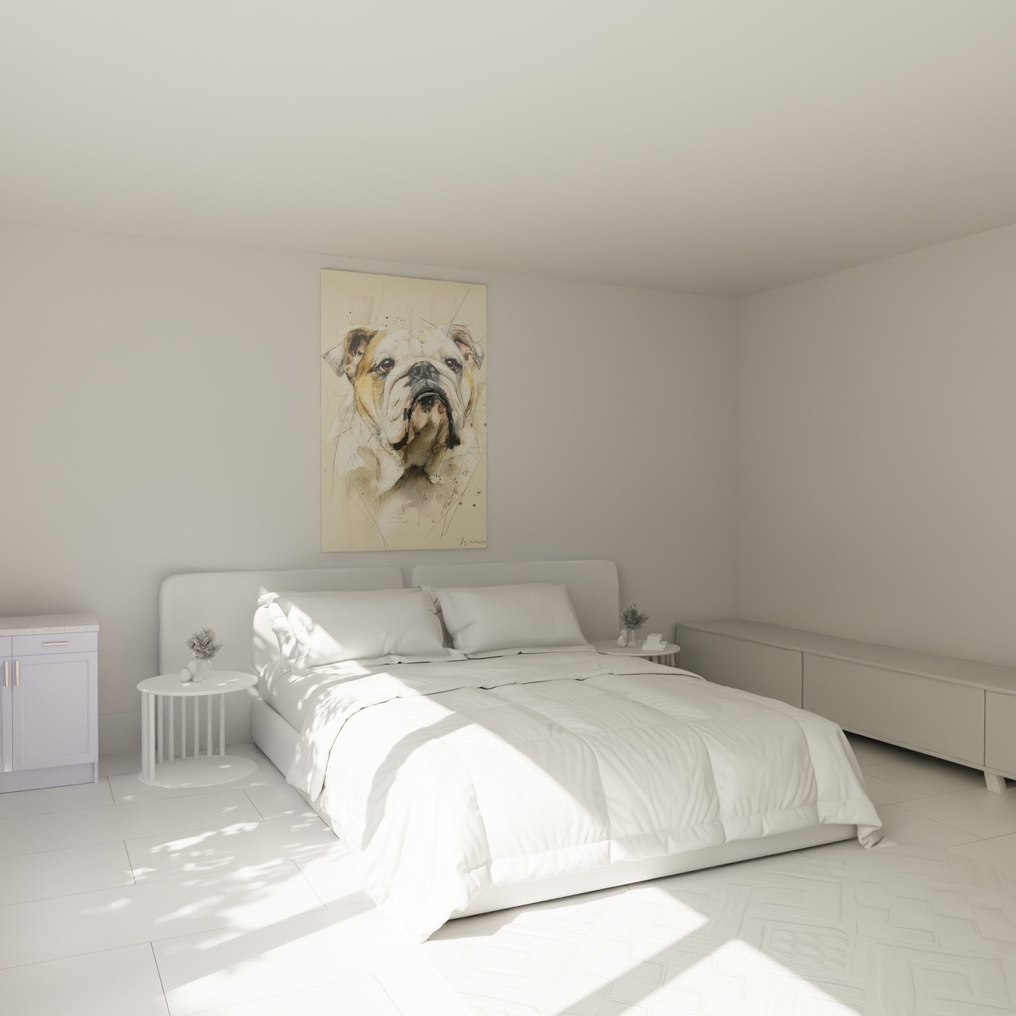 Tableau bouledogue anglais chambre decoration murale portrait chien aquarelle ambiance douce naturelle