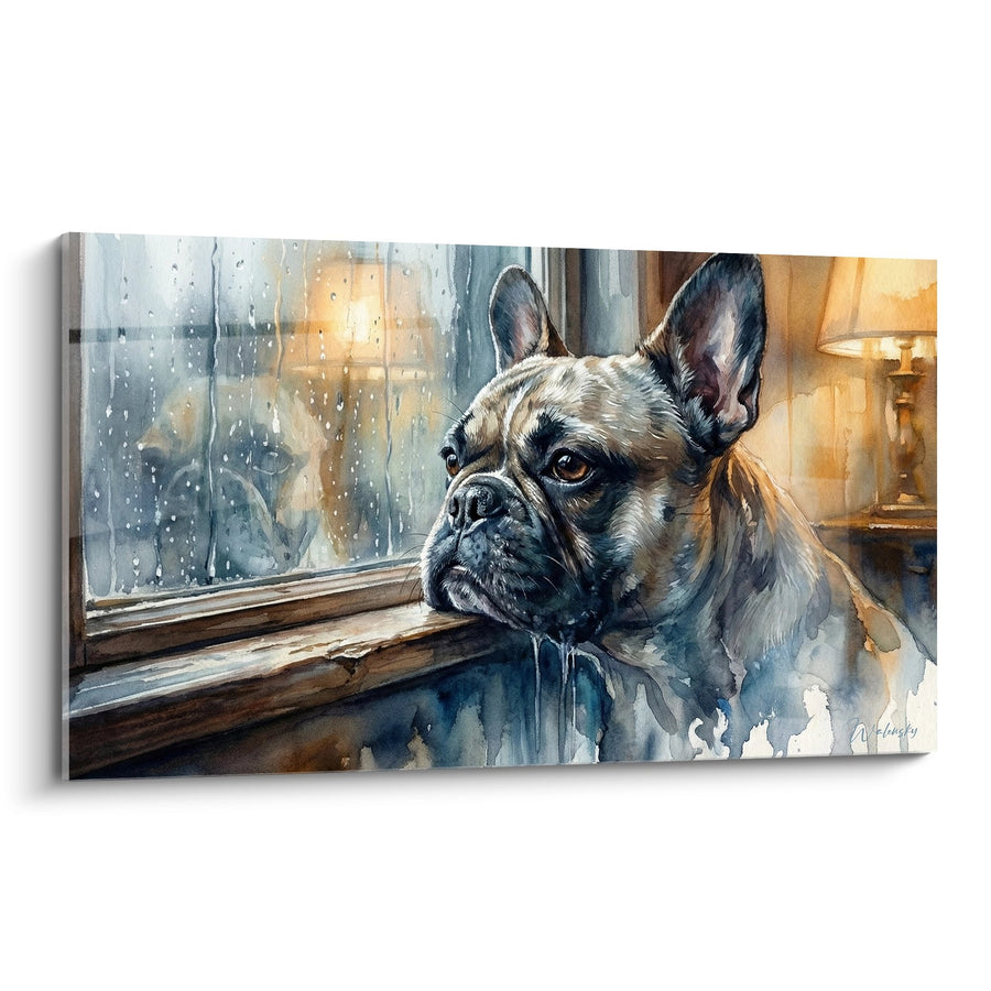 Tableau Bouledogue Français à la Fenêtre sous la Pluie - Mélancolie Aquarelle - Edition Tableau Bouledogue Francais
