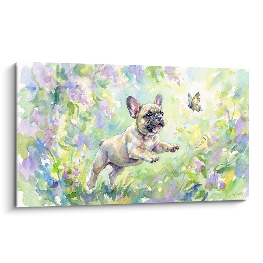 Tableau Bouledogue Français Crème dans Jardin Fleuri à l'Aquarelle - Papillon Enchanteur - Edition Tableau Bouledogue Francais