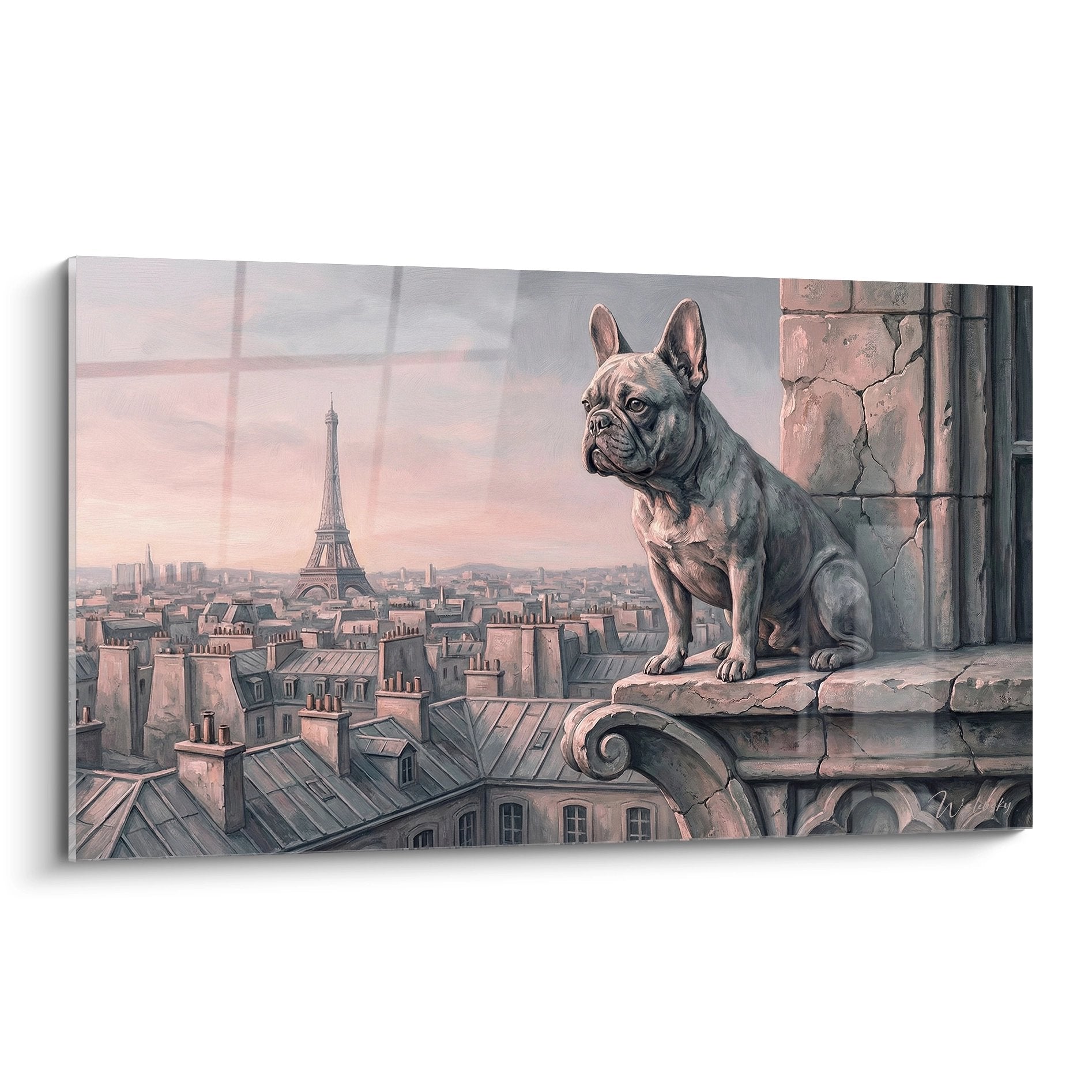Tableau bouledogue français sur balcon parisien avec Tour Eiffel, ciel rosé, ambiance romantique urbaine