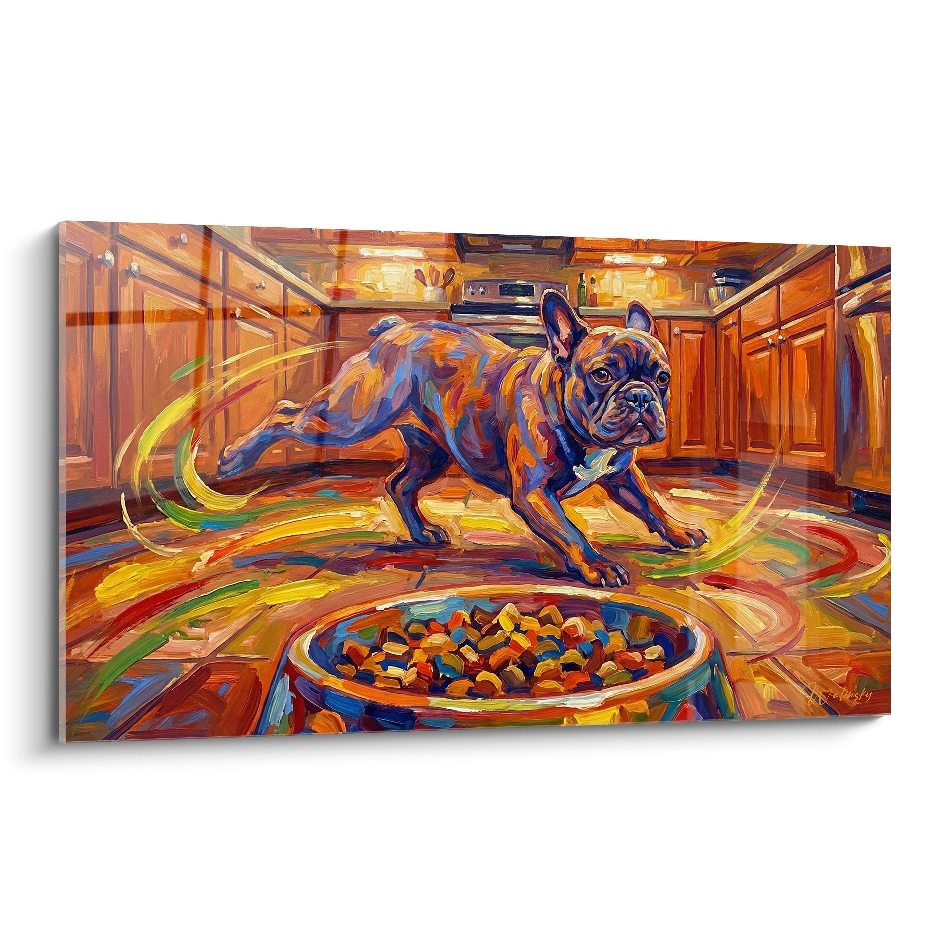 tableau bouledogue francais colore cuisine gamelle croquettes art vibrant tourbillons lumineux