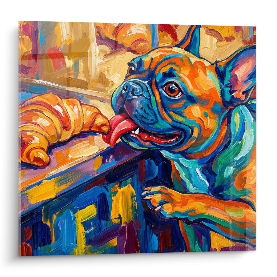 Schilderij Franse Bulldog Meerkleurig in Oranje en Blauwe Tinten - Vrolijke Uitstraling - Editie Schilderij Franse Bulldog