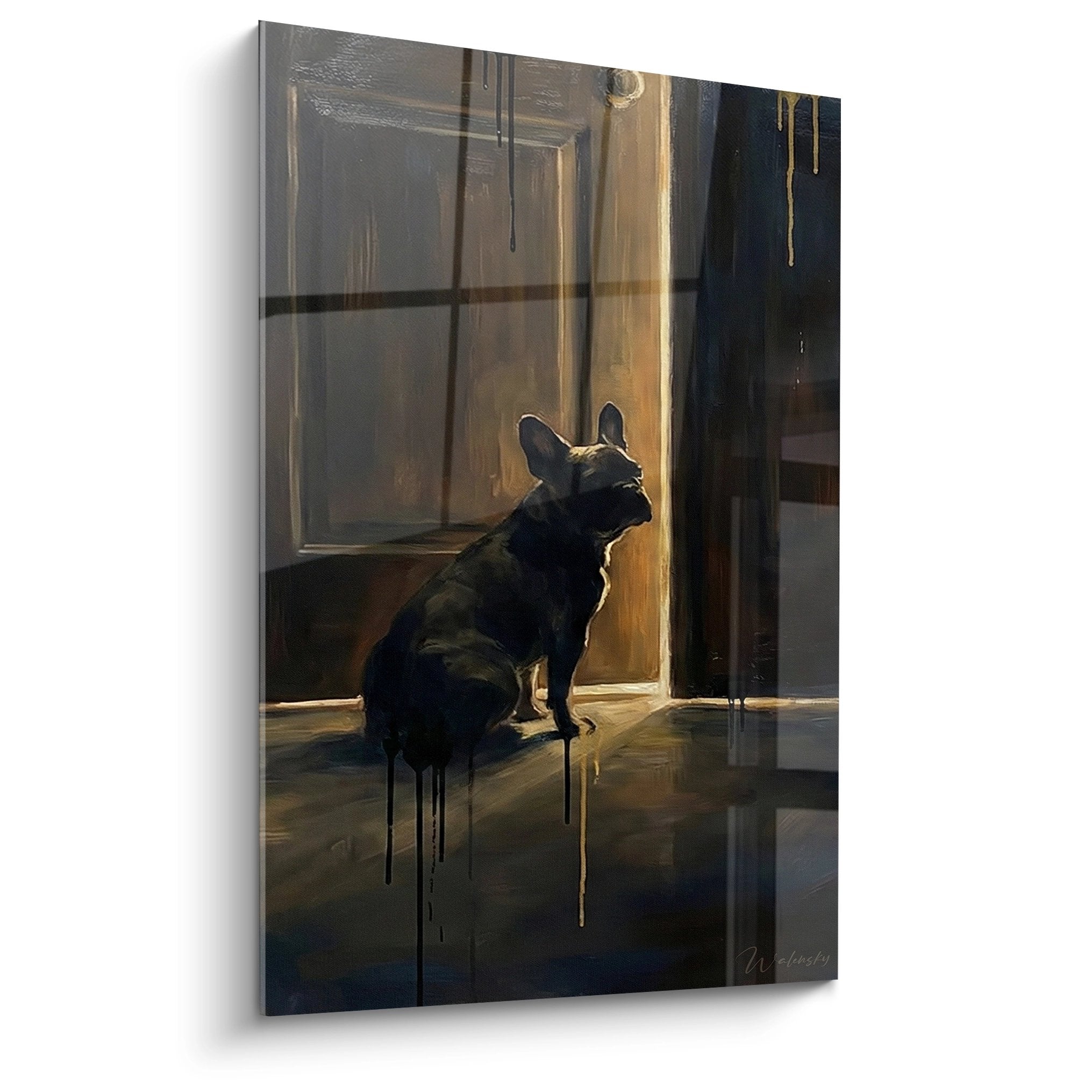 Contemplative French bulldog painting bathed in golden light with contemporary paint drips