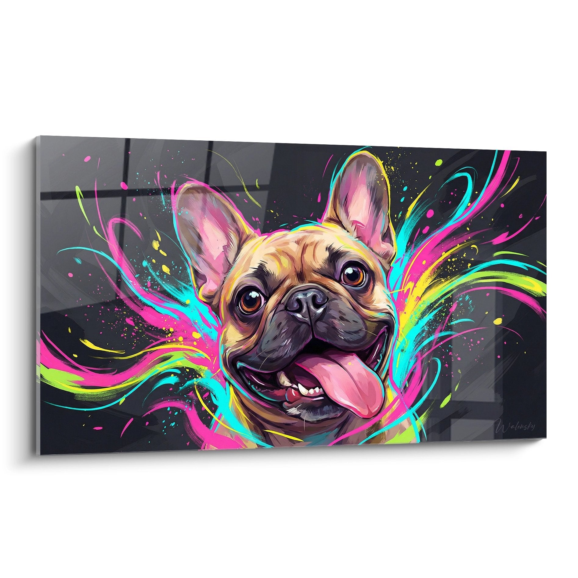 Tableau bouledogue français souriant entouré d'éclaboussures colorées fuschia turquoise sur fond anthracite art moderne
