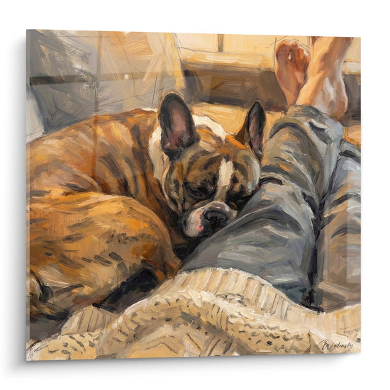 tableau peinture bouledogue français endormi canapé tons beiges ocre art canin contemporain