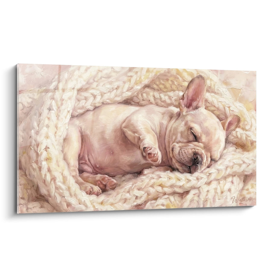 Tableau Bouledogue Français Endormi dans un Plaid Crème - Tendresse Cocooning - Edition Tableau Bouledogue Francais