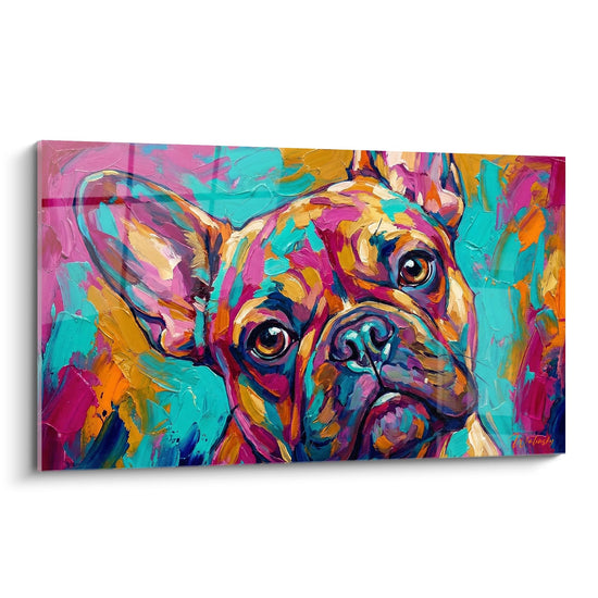 tableau bouledogue francais expressionniste couleurs vives rose turquoise orange portrait canin moderne