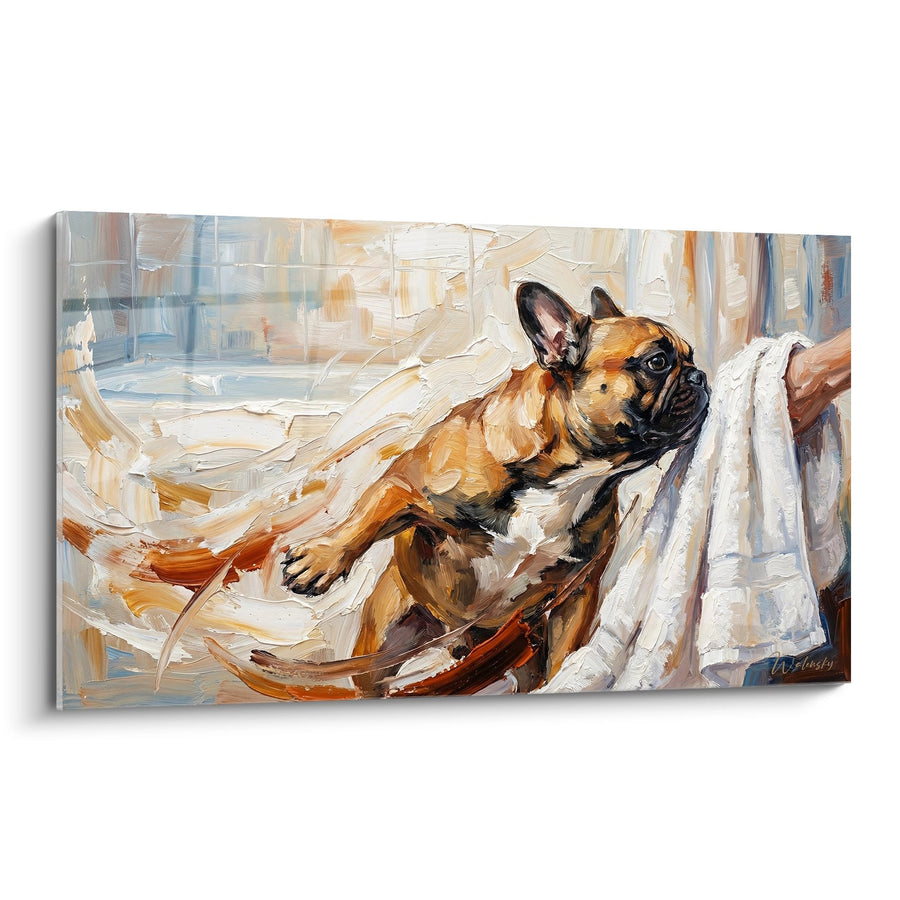 Tableau Bouledogue Français Fauve Couché dans Draps Blancs - Repos Matinal - Edition Tableau Bouledogue Francais