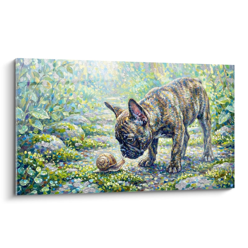 Gemälde Französische Bulldogge Gestromt und Schnecke im impressionistischen Garten - Neugierige Begegnung - Edition Gemälde Französische Bulldogge