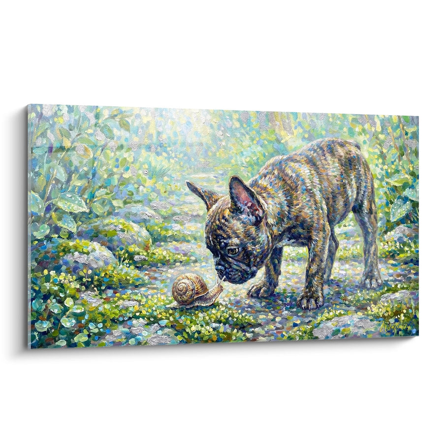Tableau Bouledogue Français Bringé et Escargot dans Jardin Impressionniste - Rencontre Curieuse - Edition Tableau Bouledogue Francais