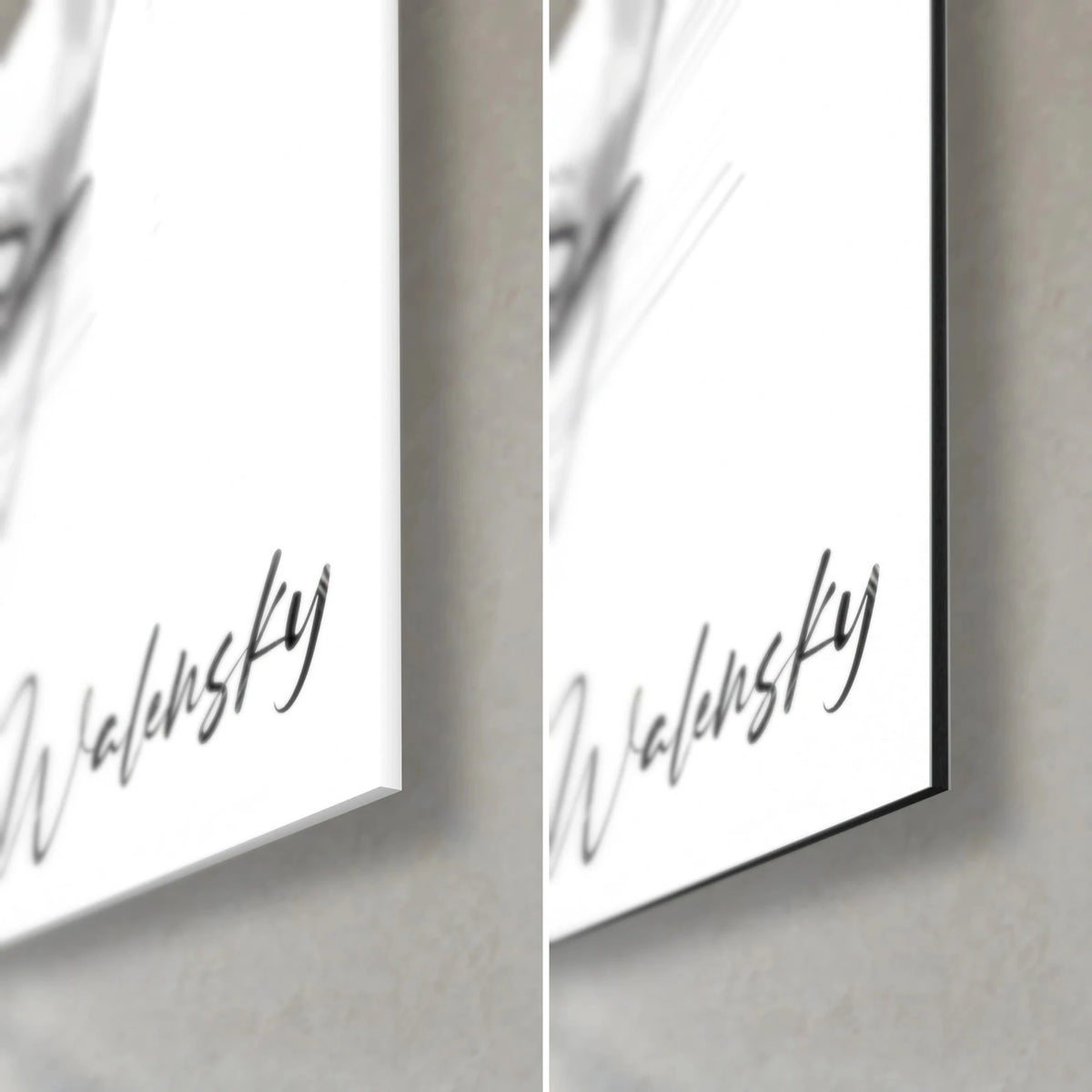 Wall art French bulldog in black and white sketch, bottom right corner, Walensky signature, glossy glass and matte grey Dibond