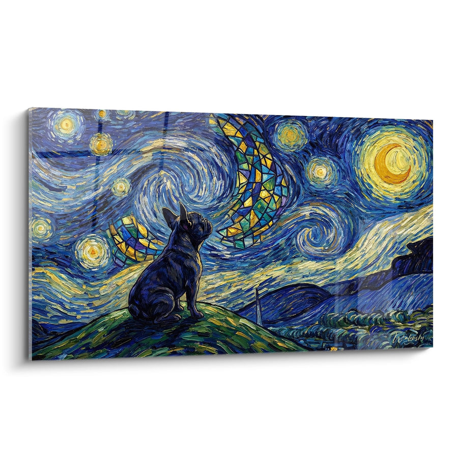 Tableau Bouledogue Français Noir sous Nuit Étoilée Tourbillonnante - Rêve Cosmique - Edition Tableau Bouledogue Francais