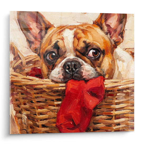 Tableau peinture bouledogue français fauve dans panier osier avec nœud rouge, regard tendre, tons chauds dorés