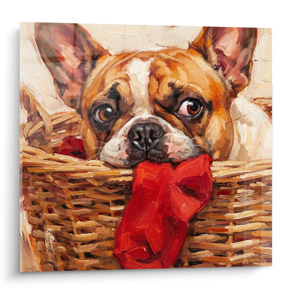 Quadro Bulldog Francese nel Cesto in Vimini con Fiocco Rosso - Tenerezza Canina - Edizione Quadro Bulldog Francese
