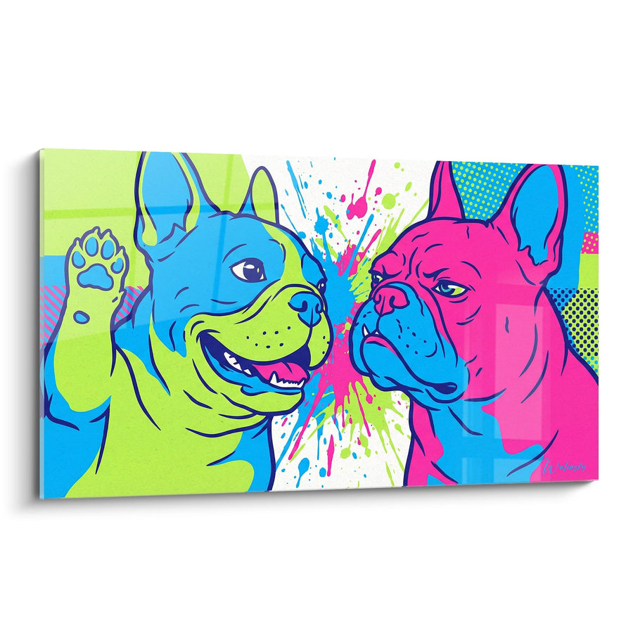 Tableau Duo de Bouledogues Pop Art Bleu et Rose - Éclat Coloré - Edition Tableau Bouledogue Francais