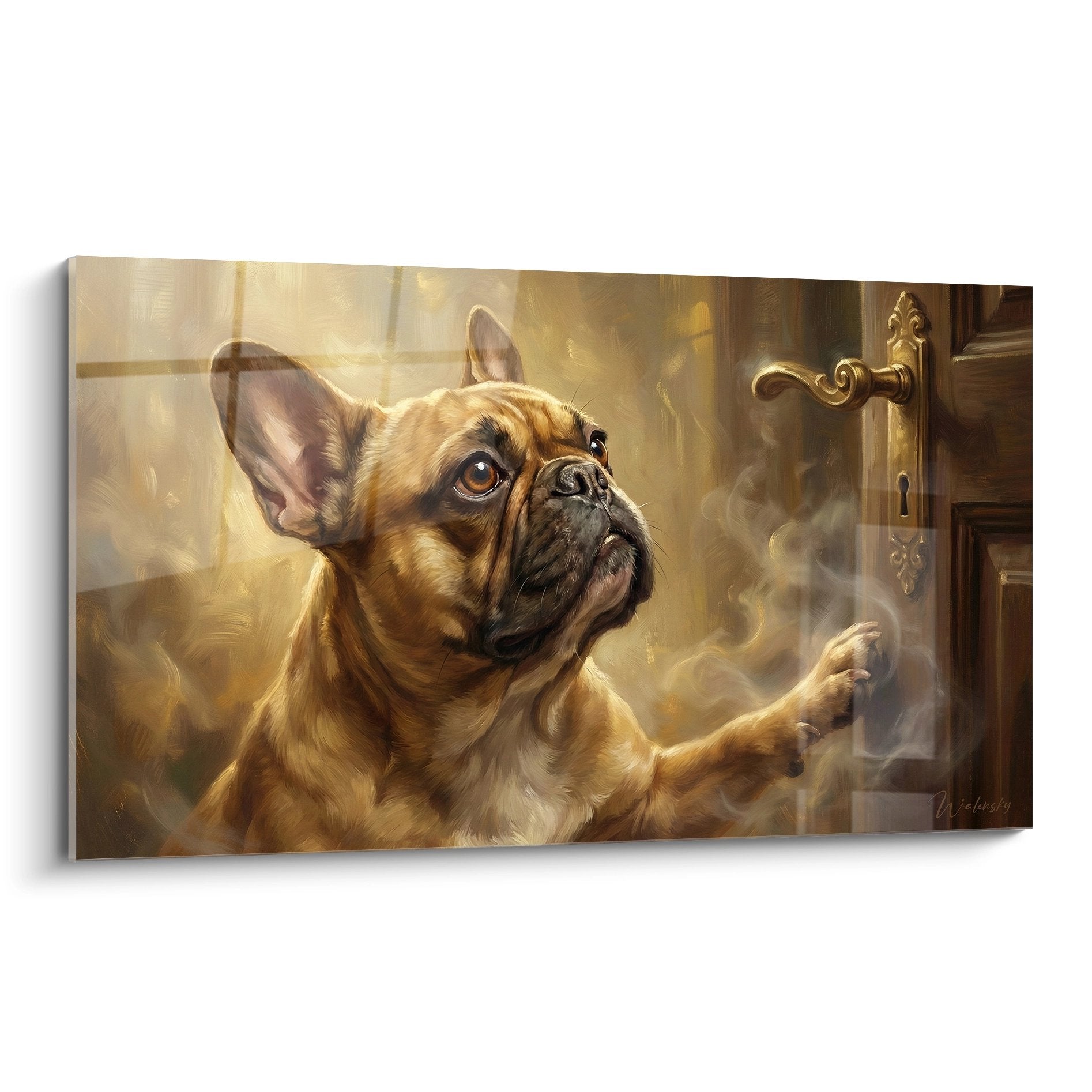 Fawn French bulldog painting opening ornate golden door warm light mysterious ambiance animal art