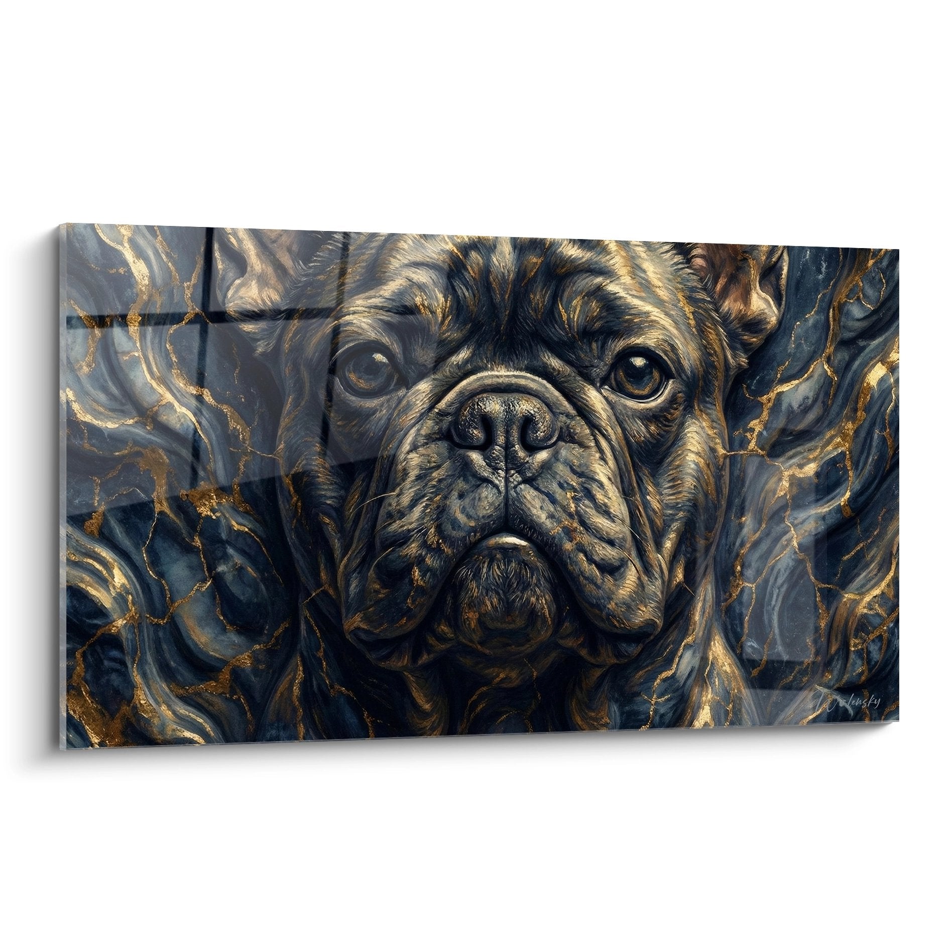 french bulldog portrait marble gold blue wall art contemporary mural decoration