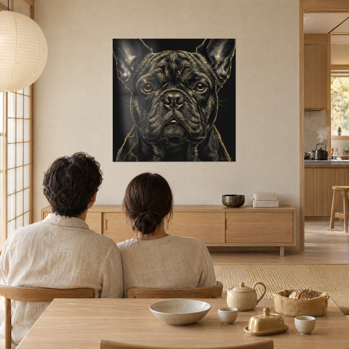 Schilderij van een donkere Franse bulldog met rechtopstaande oren en gouden glans, bekeken door een koppel van achteren, beige muren en blond hout