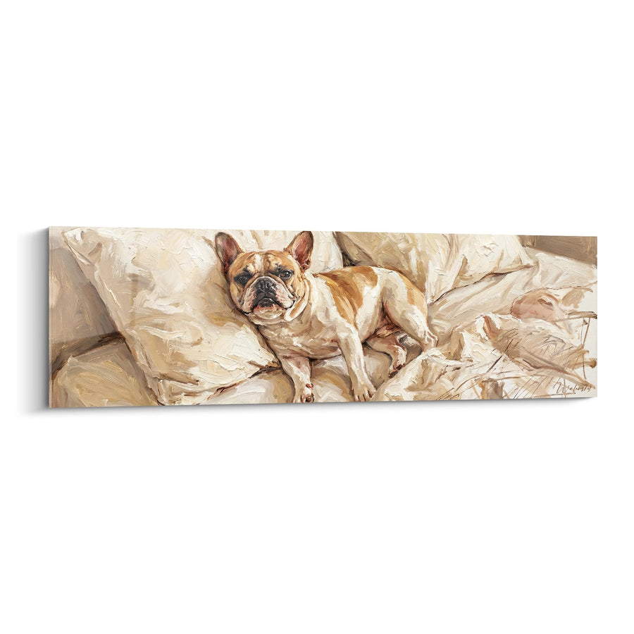 Tableau Bouledogue Français Allongé sur Linge Beige - Repos Douillet - Edition Tableau Bouledogue Francais