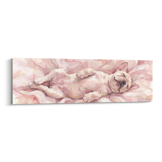 Gemälde schlafende französische Bulldogge in pudrigen Rosatönen Aquarellstil Pastelldekoration