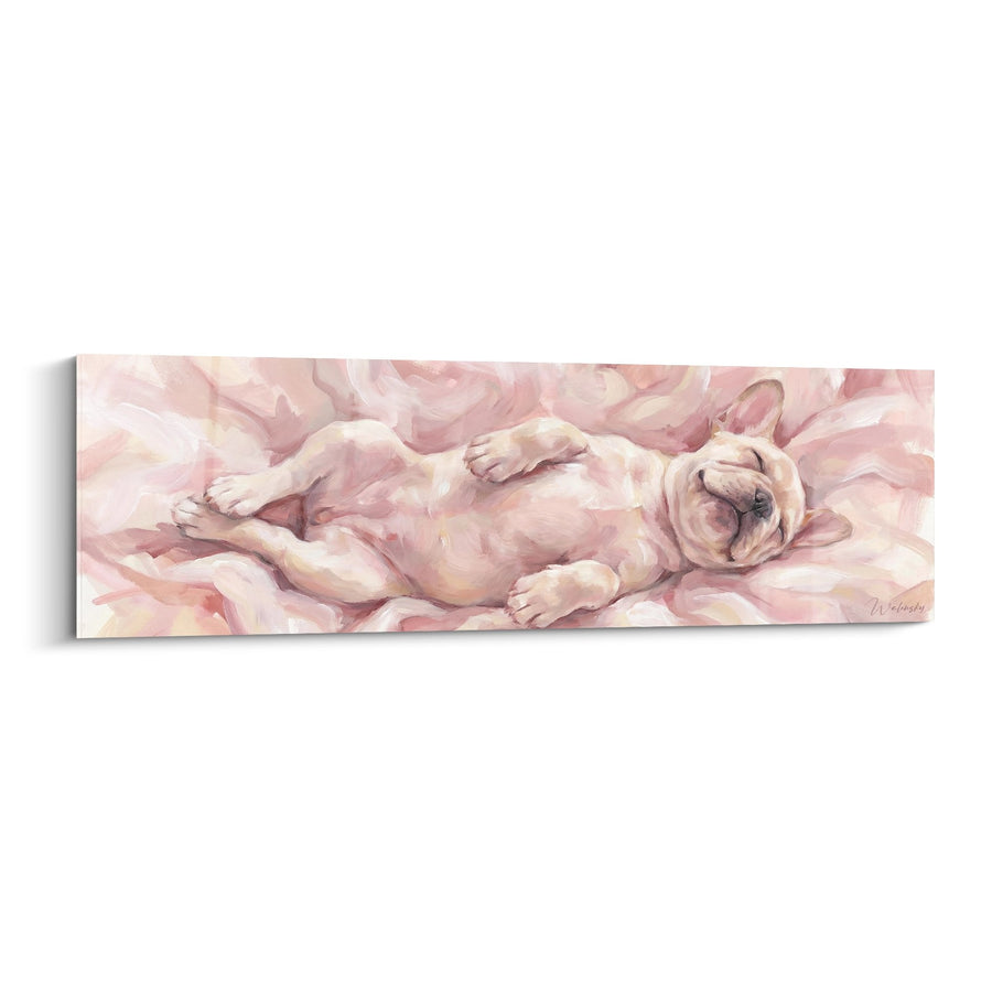 Tableau Bouledogue Français Endormi sur Fond Rose Poudré - Douceur Pastel - Edition Tableau Bouledogue Francais
