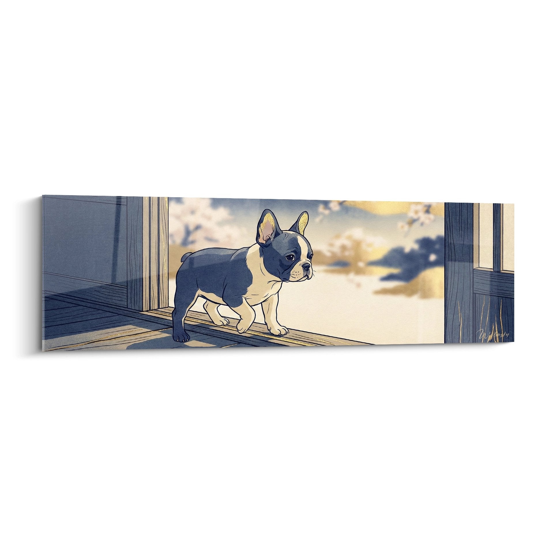 Tableau bouledogue francais bleu et blanc assis sur terrasse bois face paysage dore maritime contemplatif