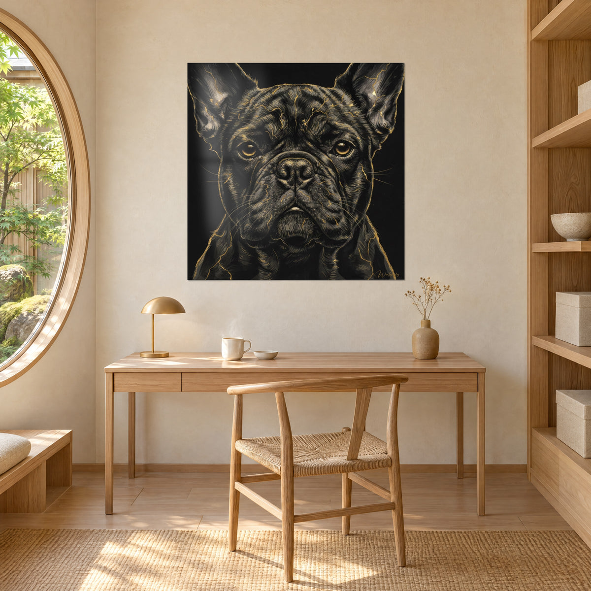 Schilderij van een ebbenhouten bulldoghoofd met gouden aders, strakke barnsteenkleurige blik, boven een bureau van licht hout en een gevlochten stoel
