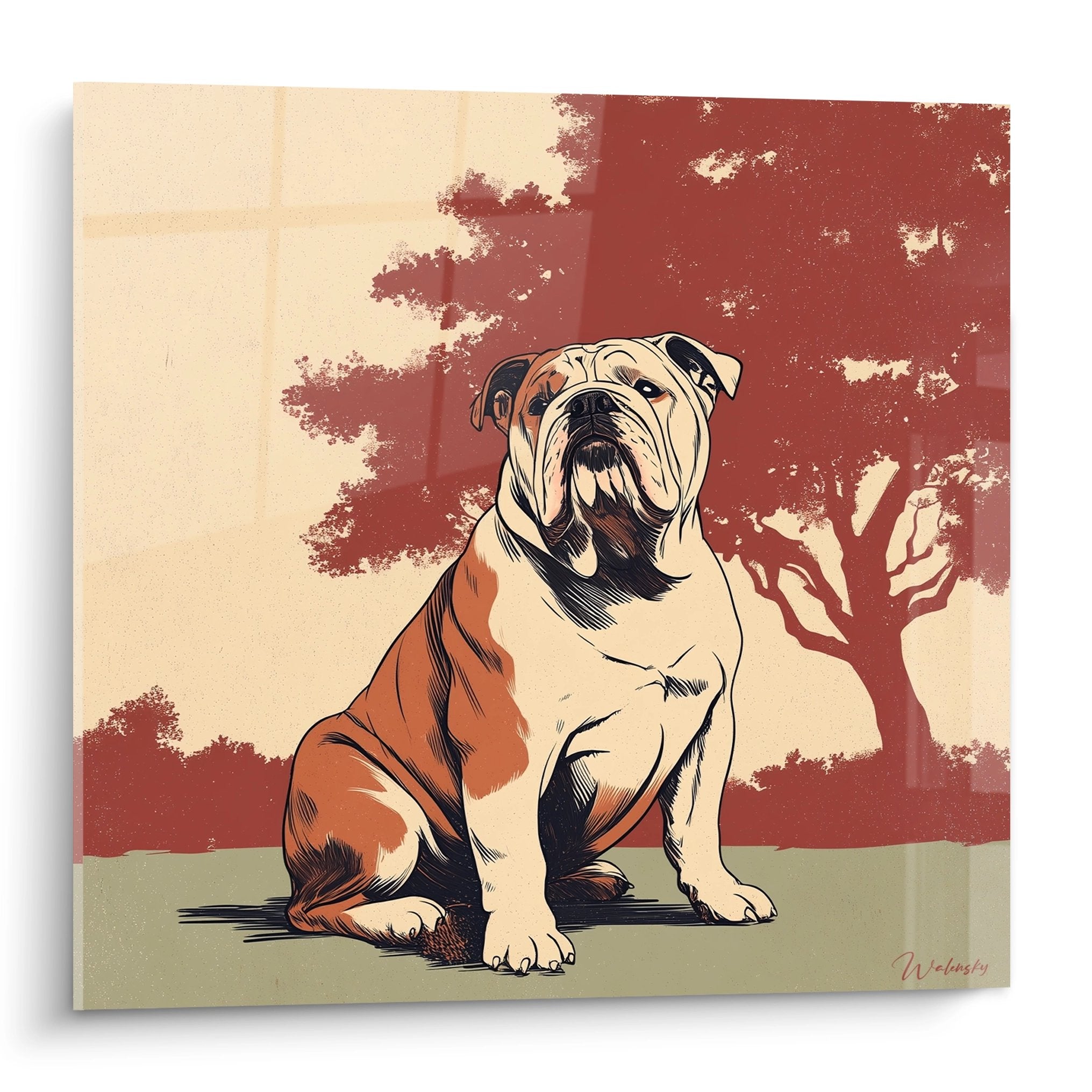 Künstlerisches Porträt Englische Bulldogge in Rot- und Beigetönen mit stilisiertem Baum