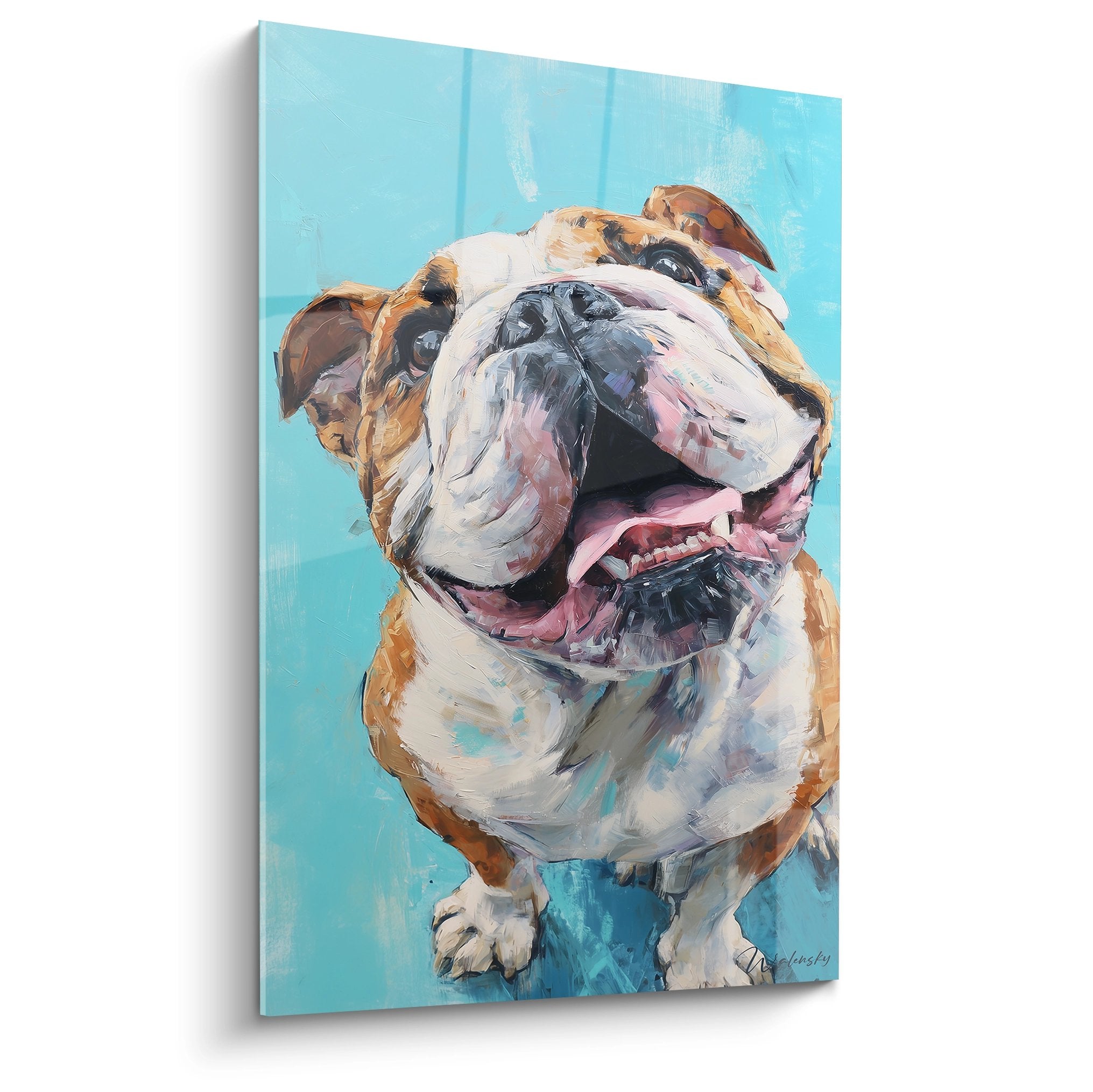 tableau bouledogue anglais souriant gueule ouverte langue rose fond bleu turquoise art canin contemporain