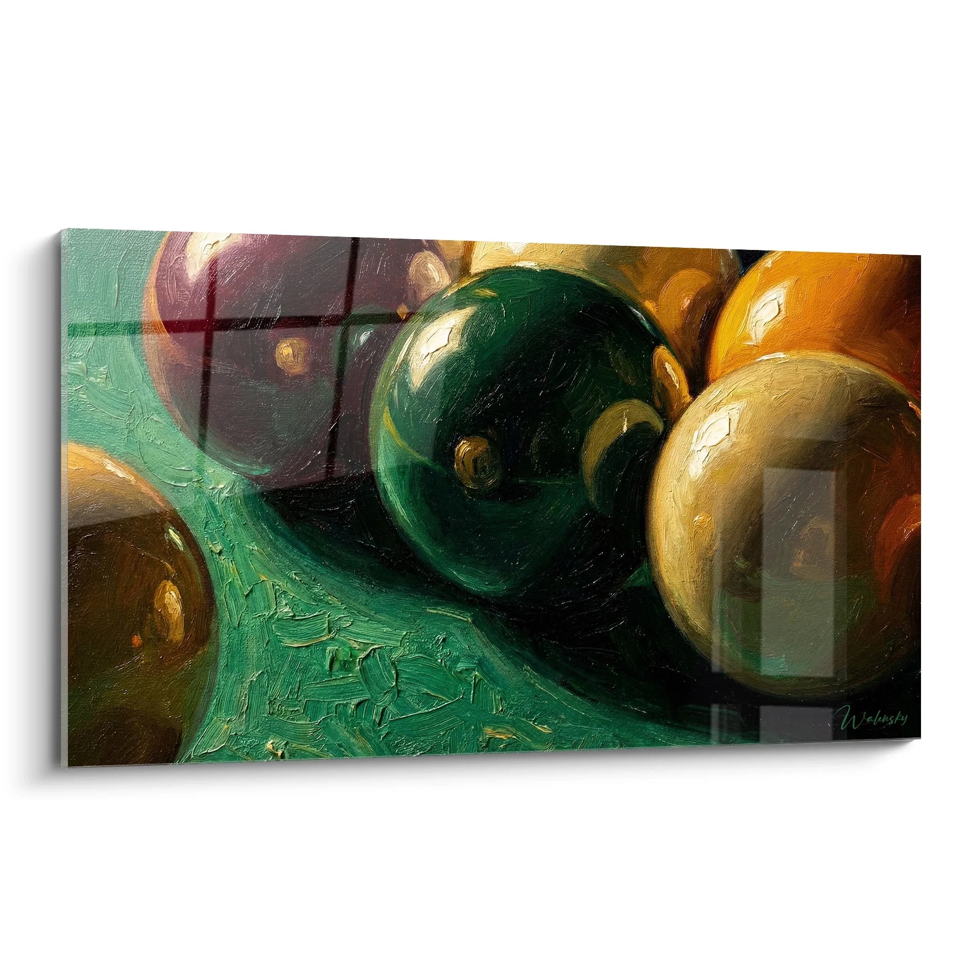Tableau artistique représentant des boules de billard colorées sur tapis vert, art moderne sport