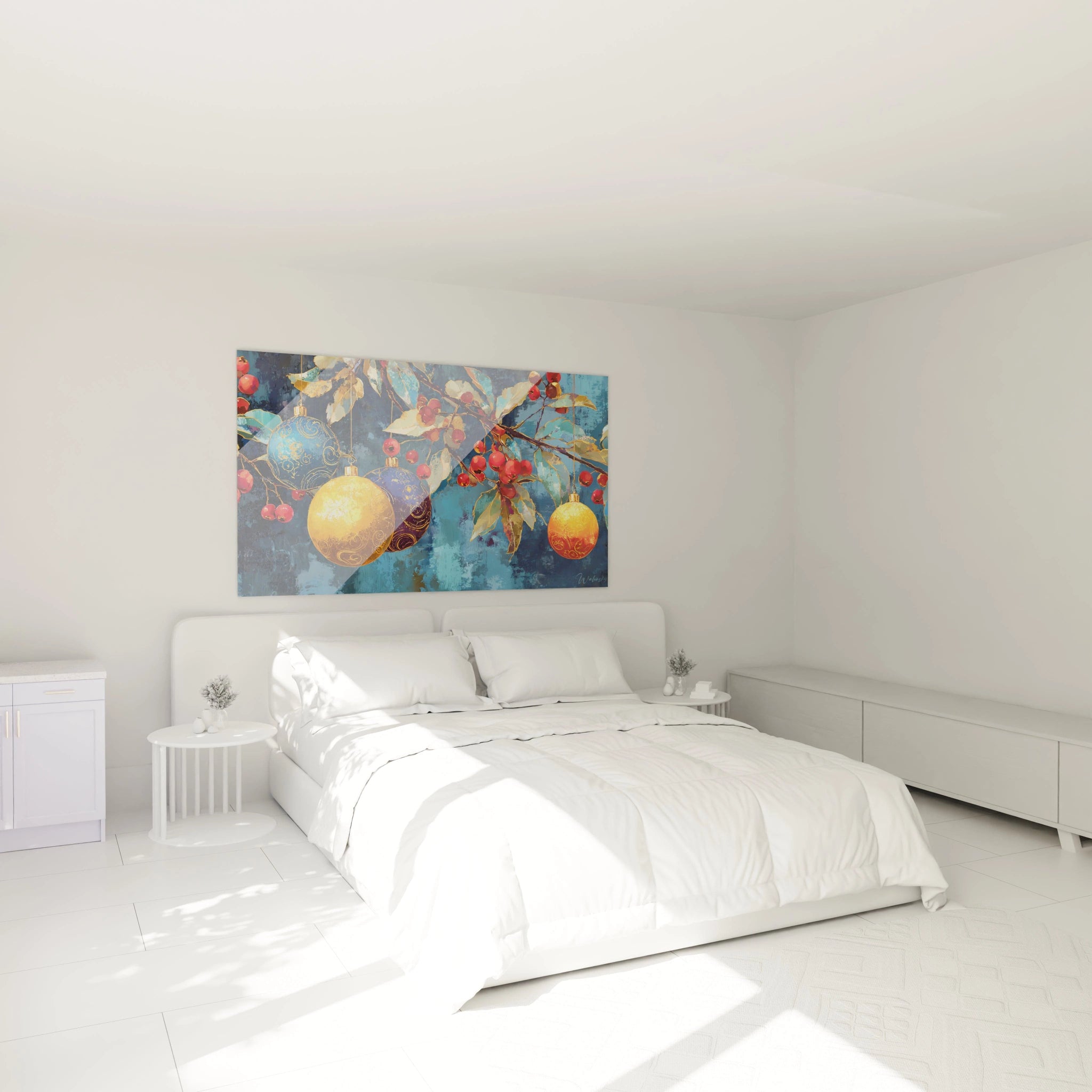 Tableau décoratif boules de Noël avec des couleurs vives dans une chambre lumineuse