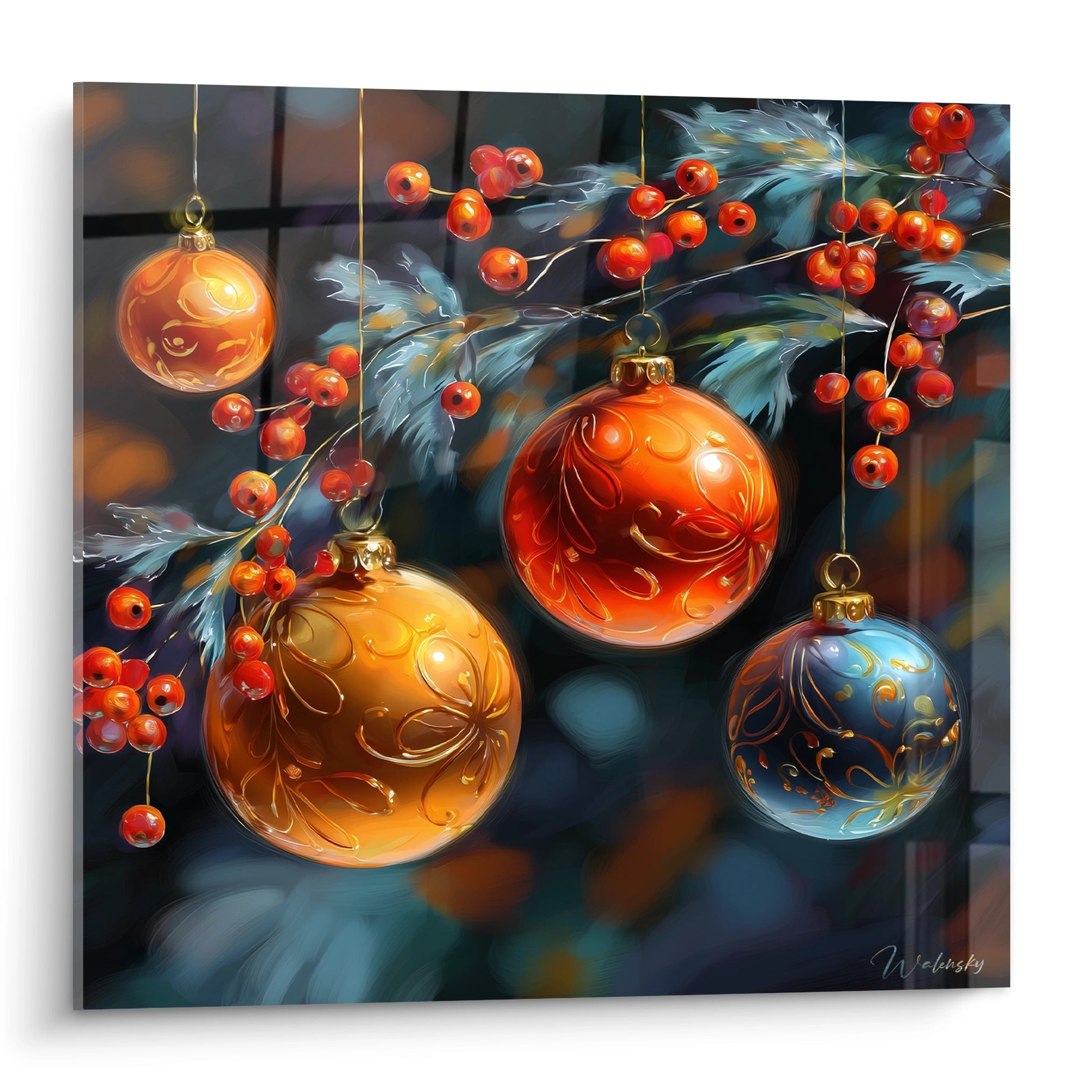 Tableau boules de Noël décoratif avec des ornements colorés et des baies rouges