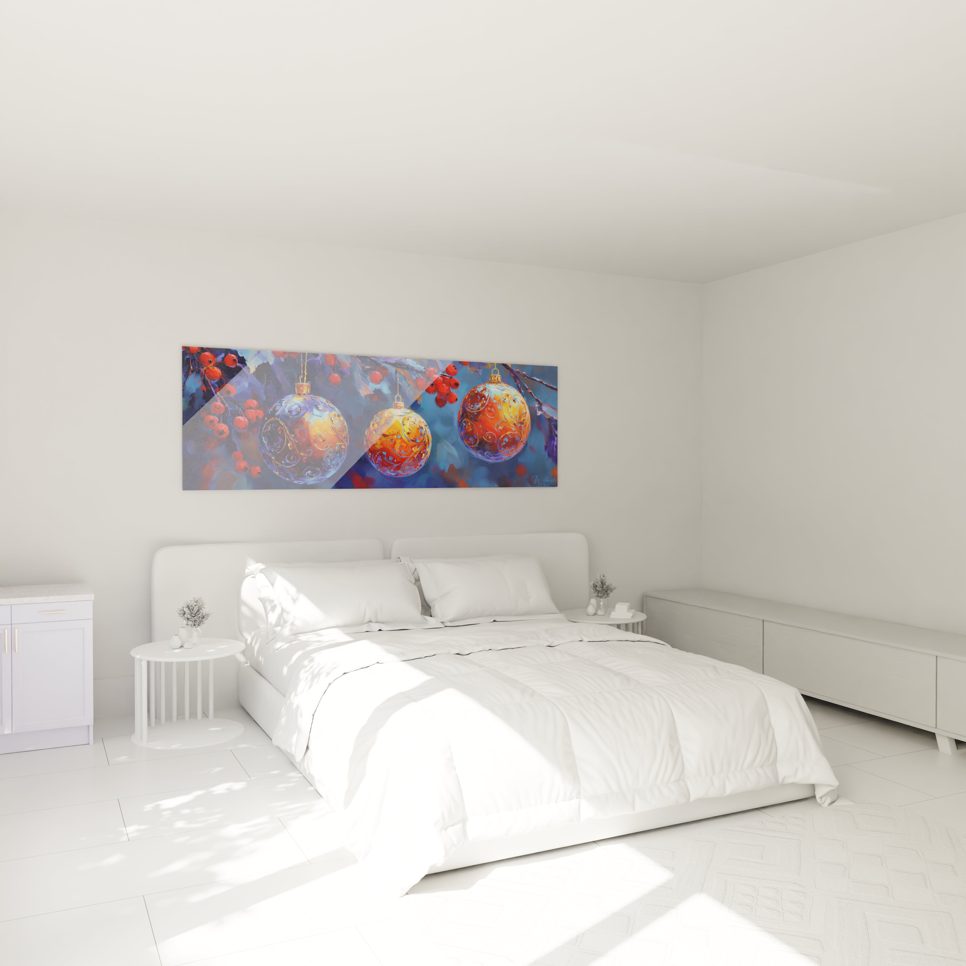 Tableau boules de Noël haut de gamme sur un mur dans une chambre lumineuse et moderne