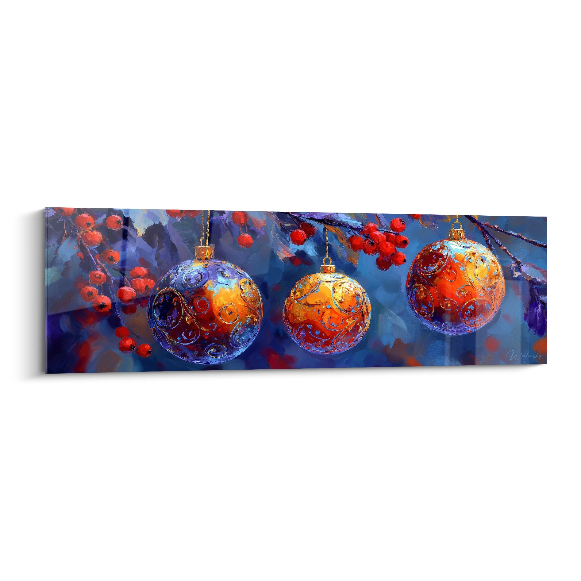 Tableau boules de Noël haut de gamme avec des ornements colorés sur un fond bleu