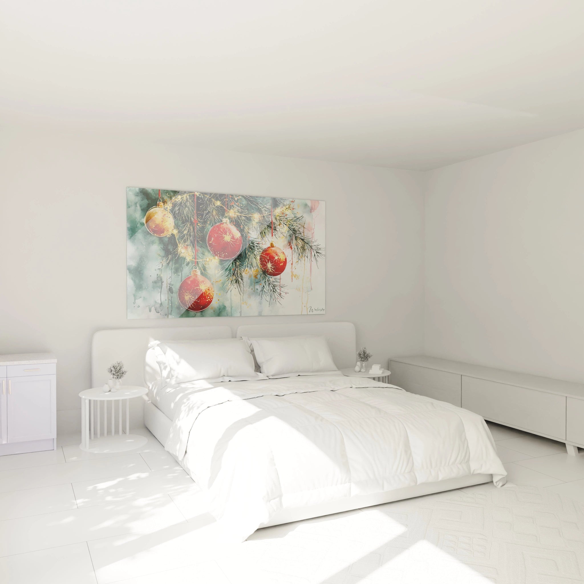 Tableau de Noël moderne de Walensky avec des boules colorées et une ambiance festive dans une chambre