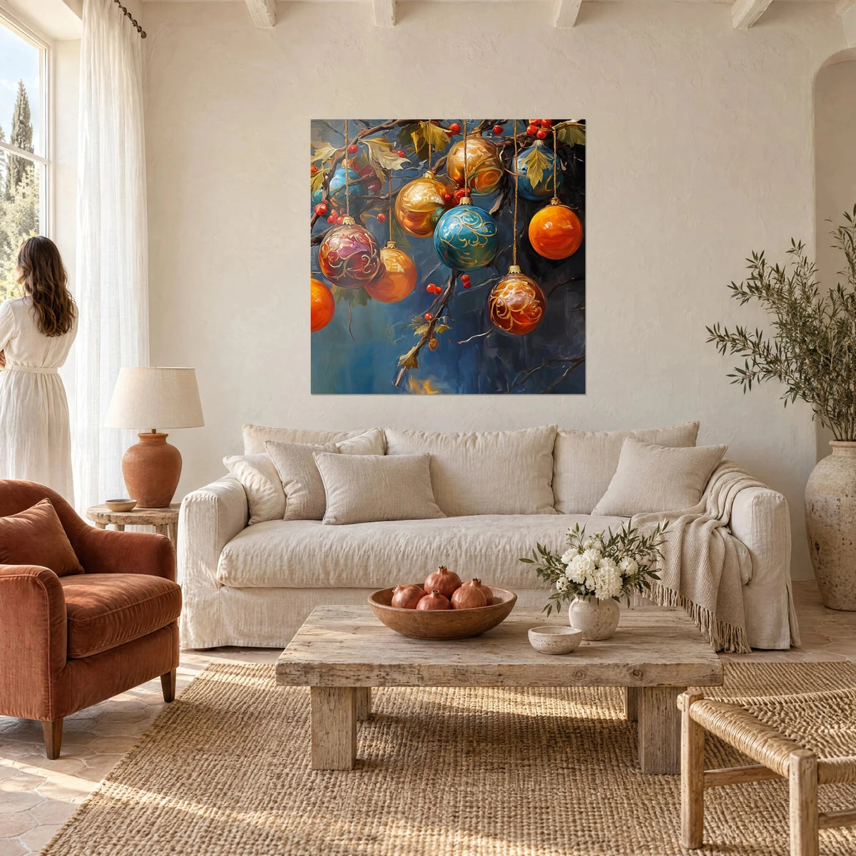 Cuadro de bolas navideñas lacadas en azul turquesa y naranja, guirnaldas doradas, bayas rojas, sobre un sofá en un salón luminoso