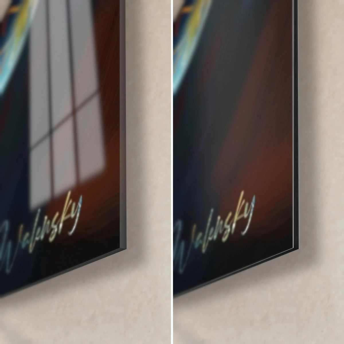 Gemälde mit glänzenden Weihnachtskugeln, untere rechte Ecke: Acrylglas mit Reflexen links, mattes Dibond-Aluminium rechts, feine Kante